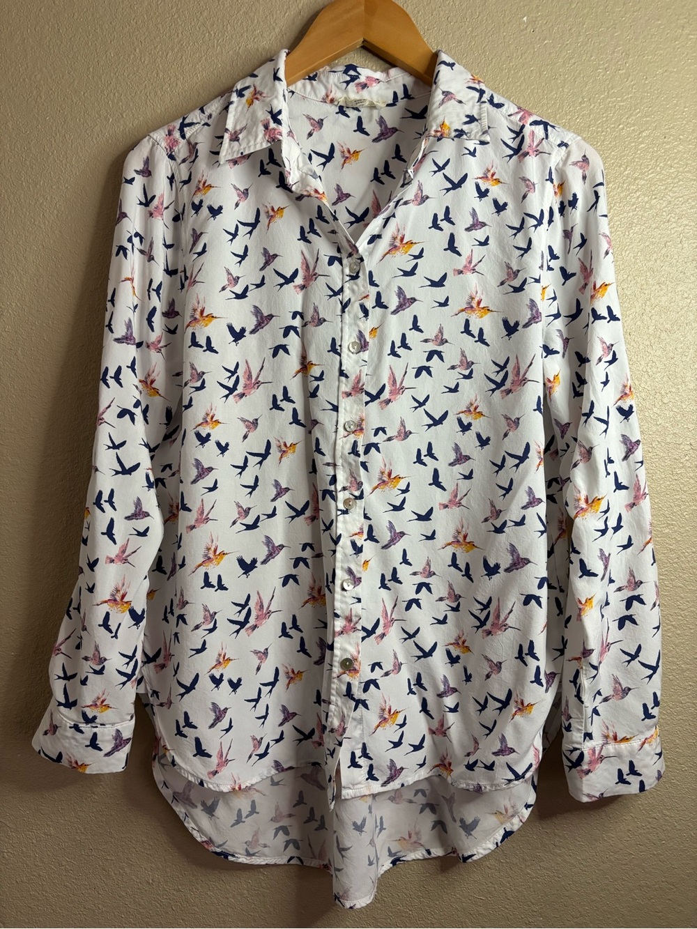 Jane and Delancey White Button-Down Shirt with Navy, Pink and Yellow Bird Print